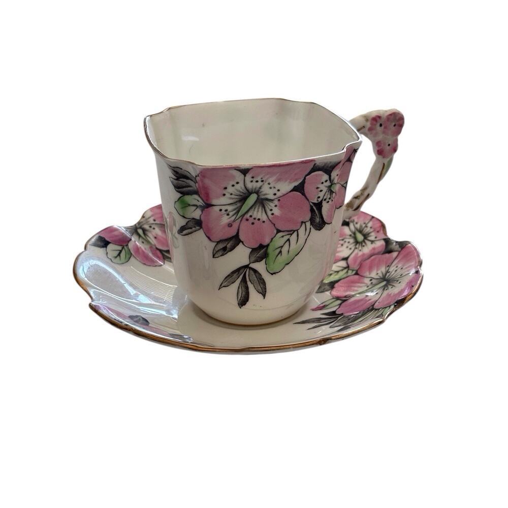 Royal Stafford England Pink Hibiscus Flowers Cup & Saucer 8239 Retired Rare